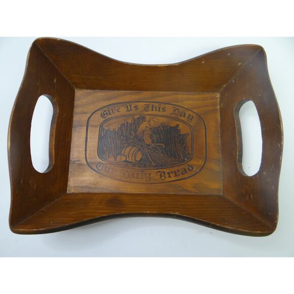 Vintage Wood Carved Serving Tray, Bible quote - Give Us This Day Our Daily Bread - Picture 1 of 7